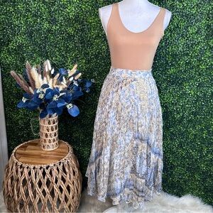 Soft Surroundings silk blend blue paisley metalic gold Pleated Midi Skirt NWOT